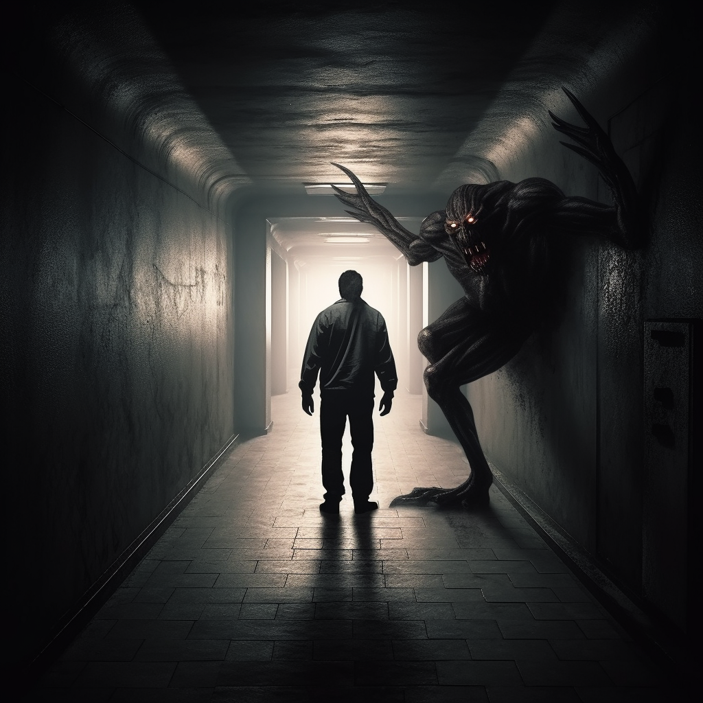 Man hunting demon in dark corridor