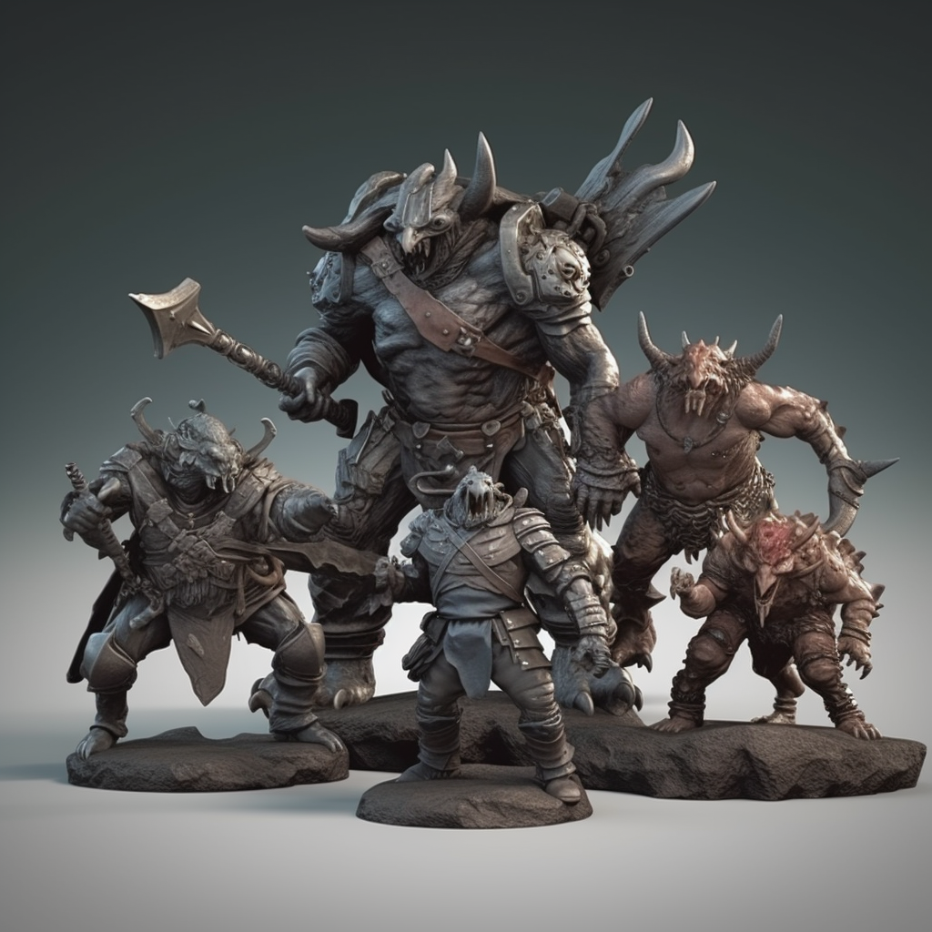 Dark fantasy miniatures enemies in 3D render