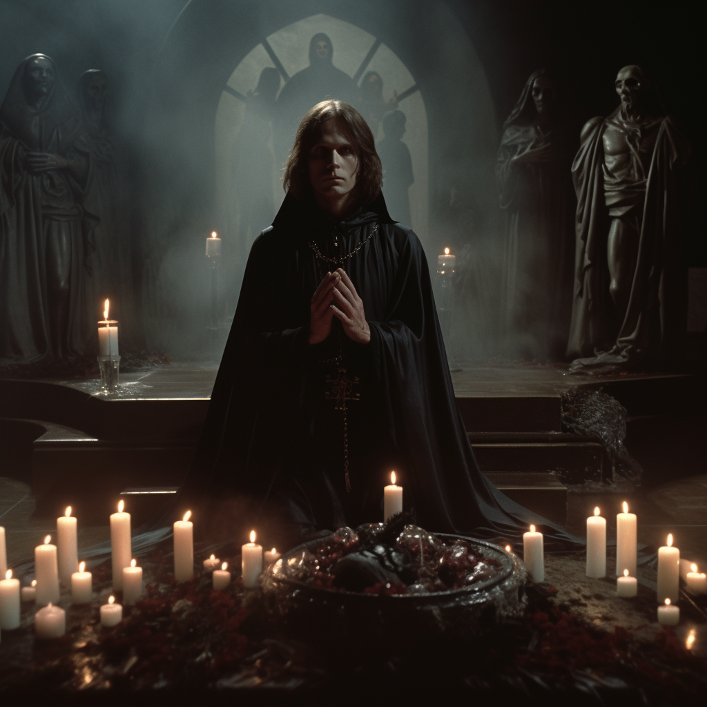 Evil cultist praying at profane altar