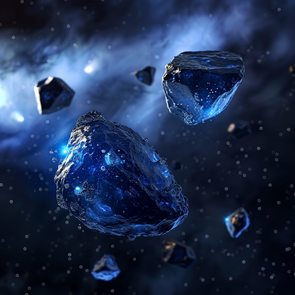 Dark asteroids floating blue ice