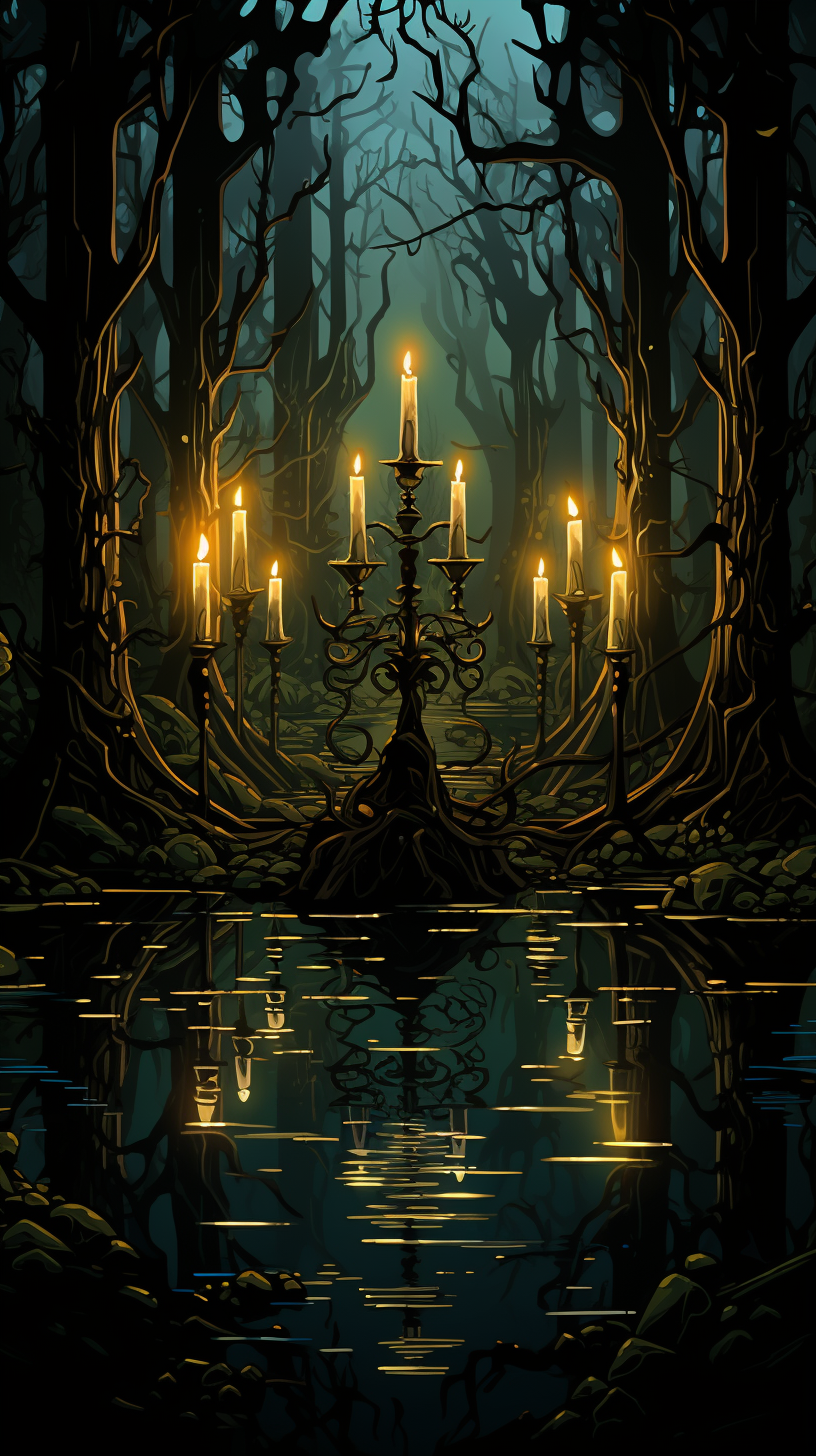 Mysterious forest with floating candelabras