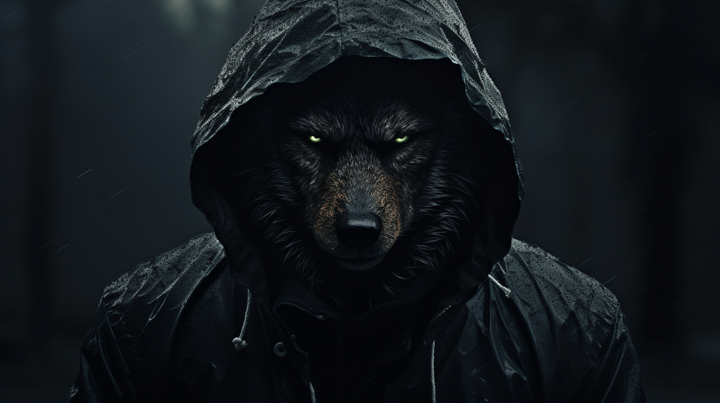 Mysterious dark hooded wolf in human form