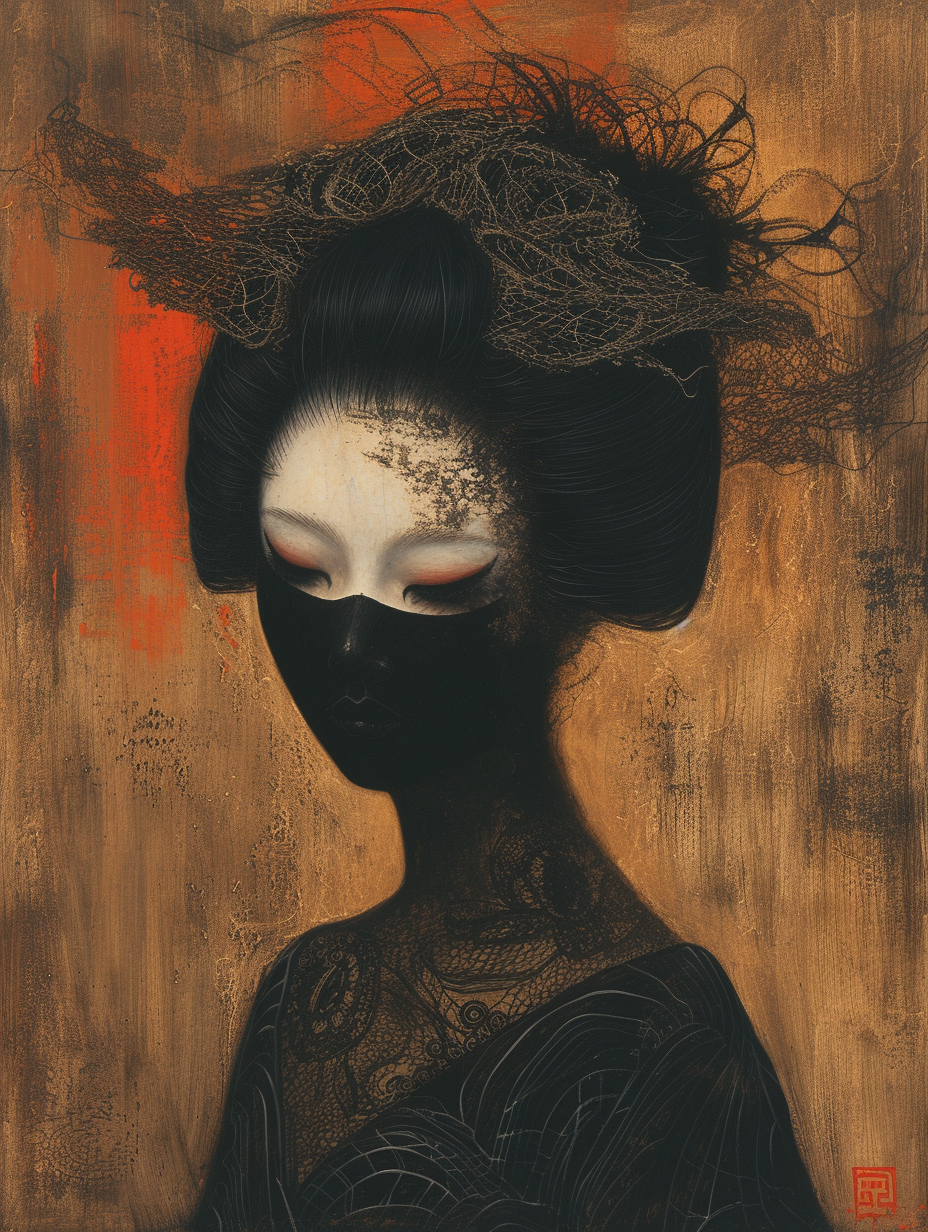 Beksinski style portrait of occult android geisha