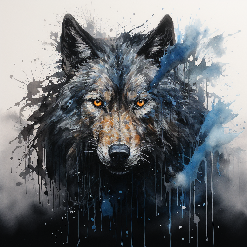 Enchanting dark watercolor painting of a half-human wolf