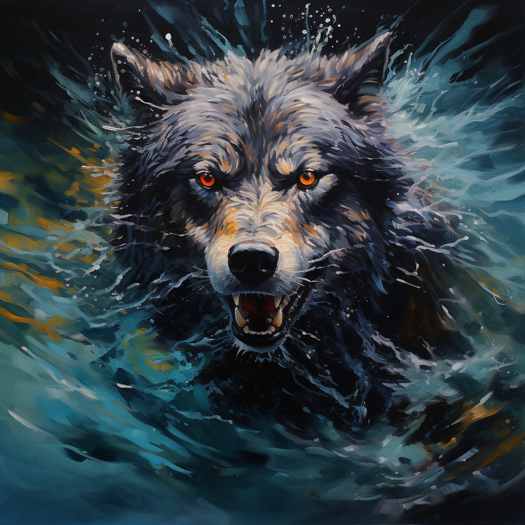 Abstract painting of a dark wolf underwater