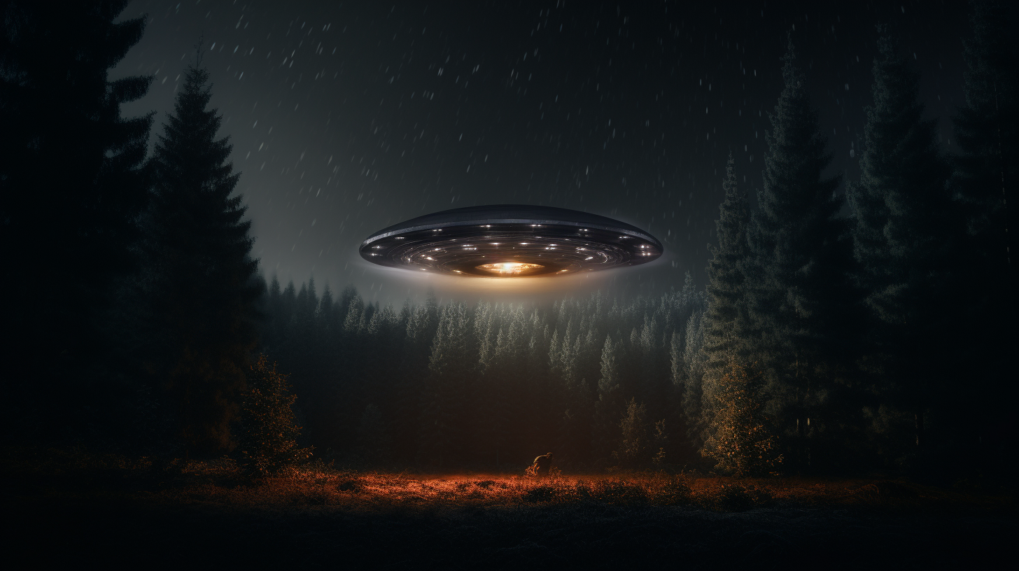 Bright lights of UFO illuminating dark forest