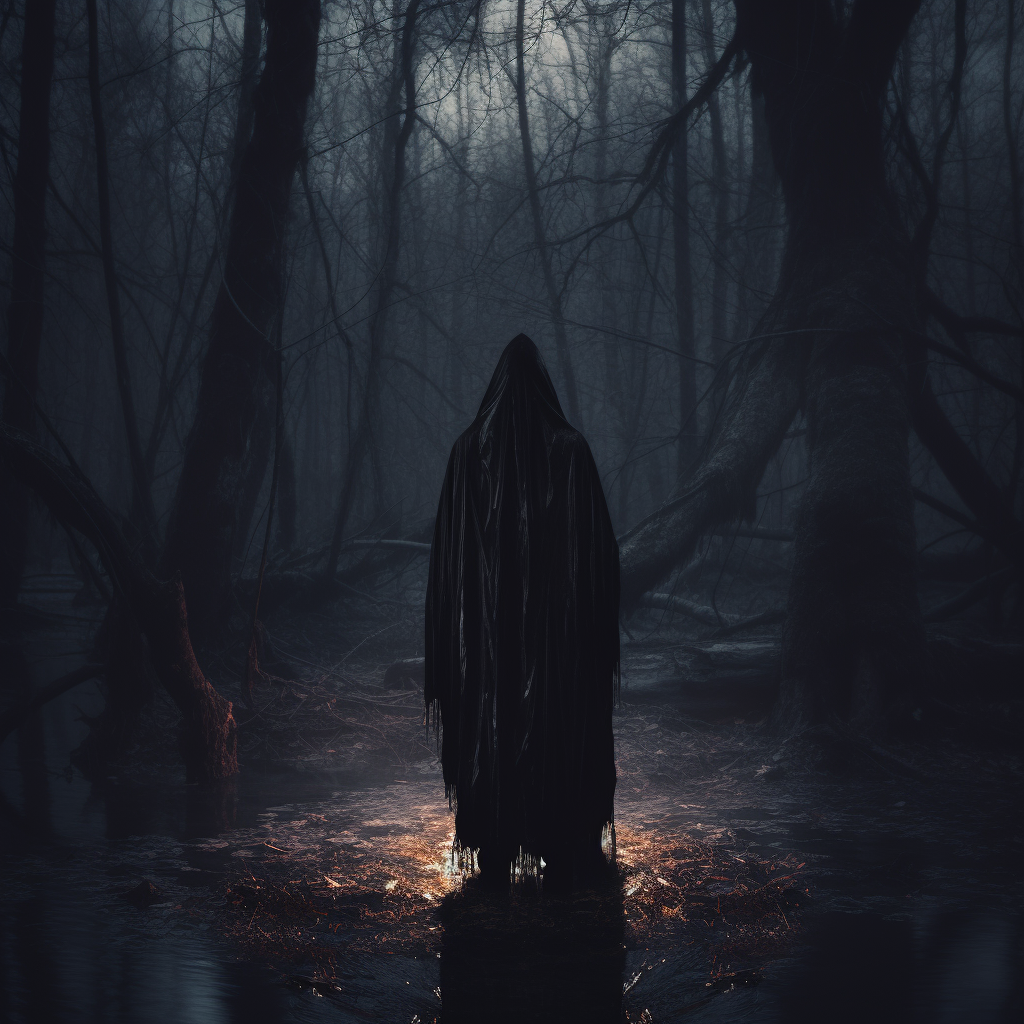 Mysterious hooded figure in dark landscape at night