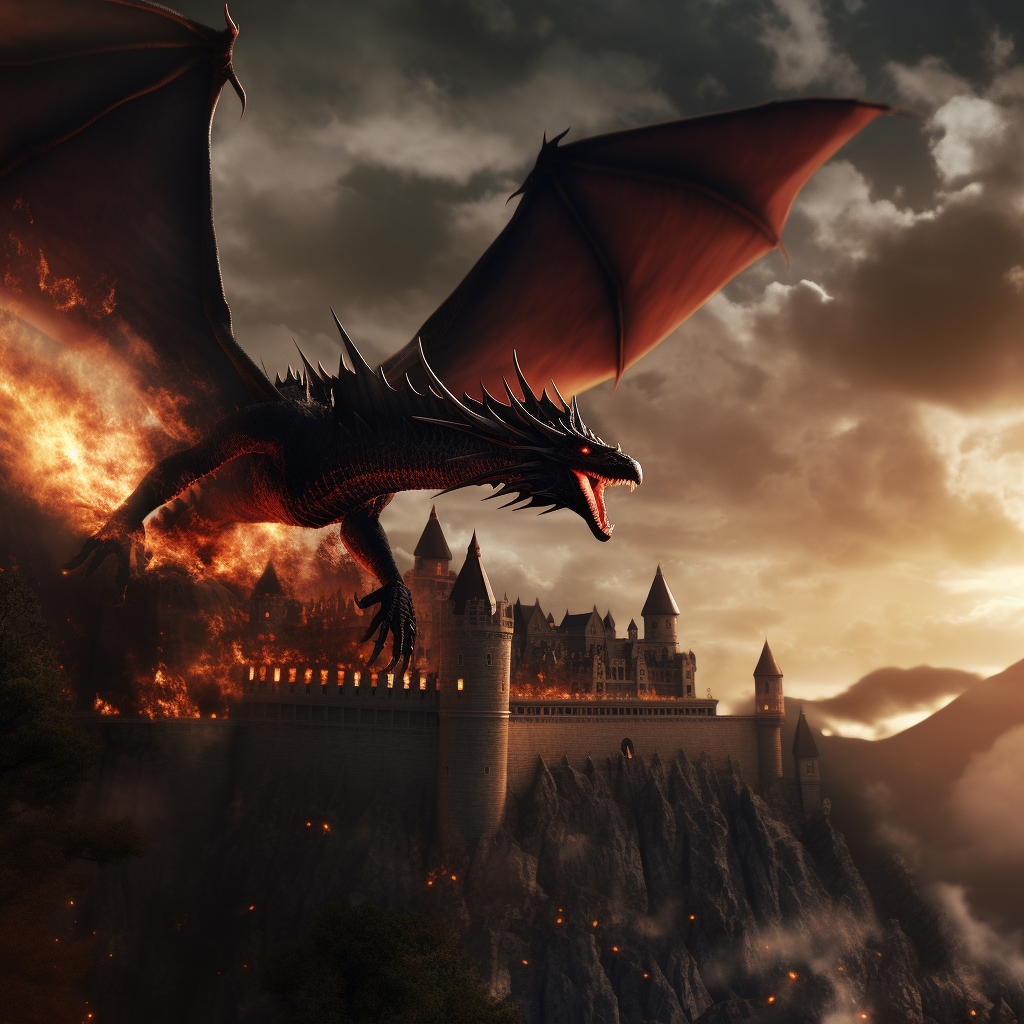 Fearsome dragon breathing fire on castle