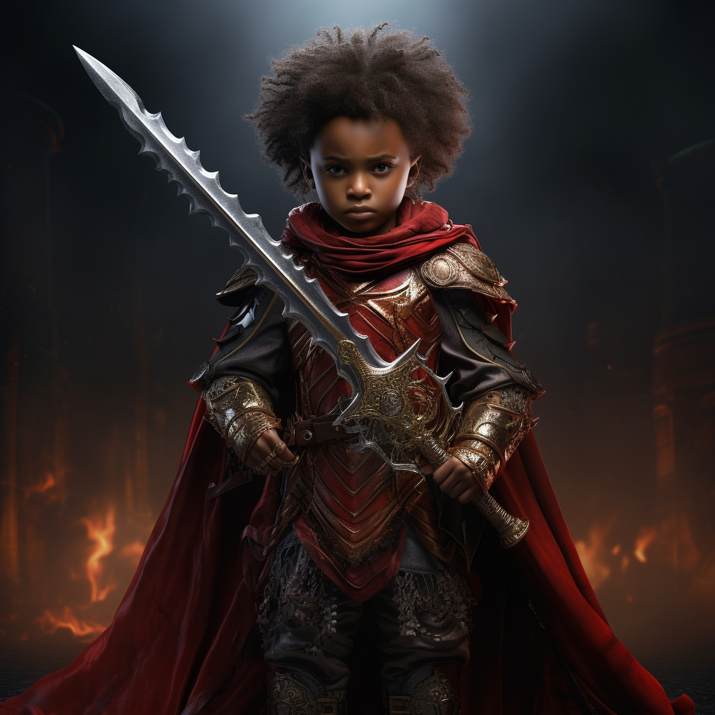 Medieval Warrior Boy with Red Cloak and Sword