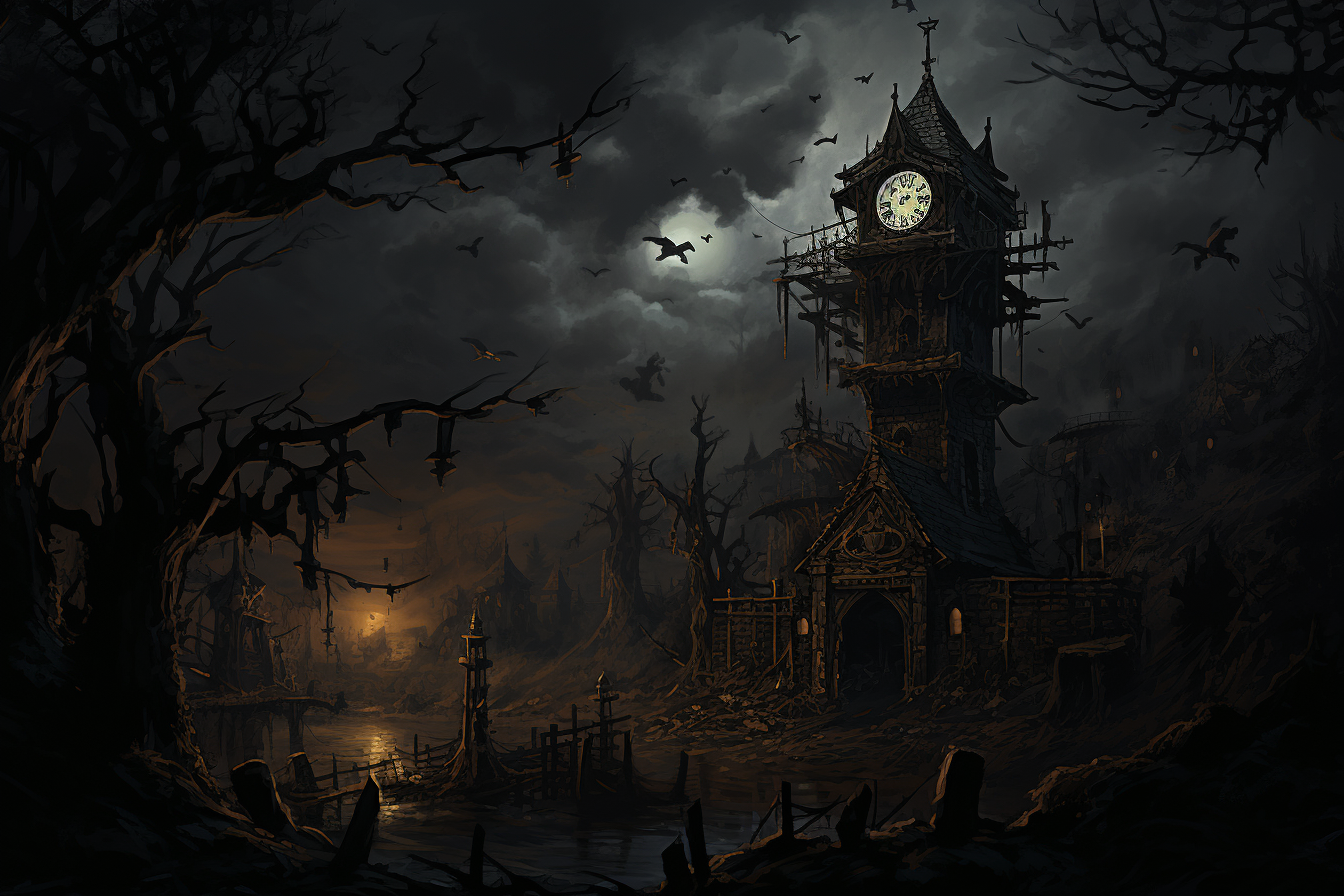 Dark spooky clocktower painting