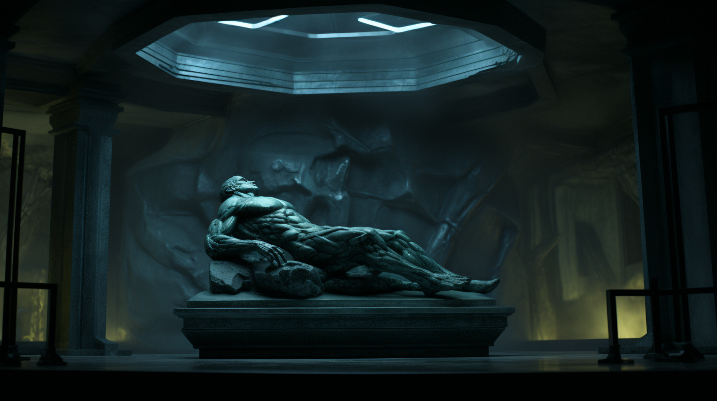 Dark sci-fi room with Michelangelo's Adam sculpture