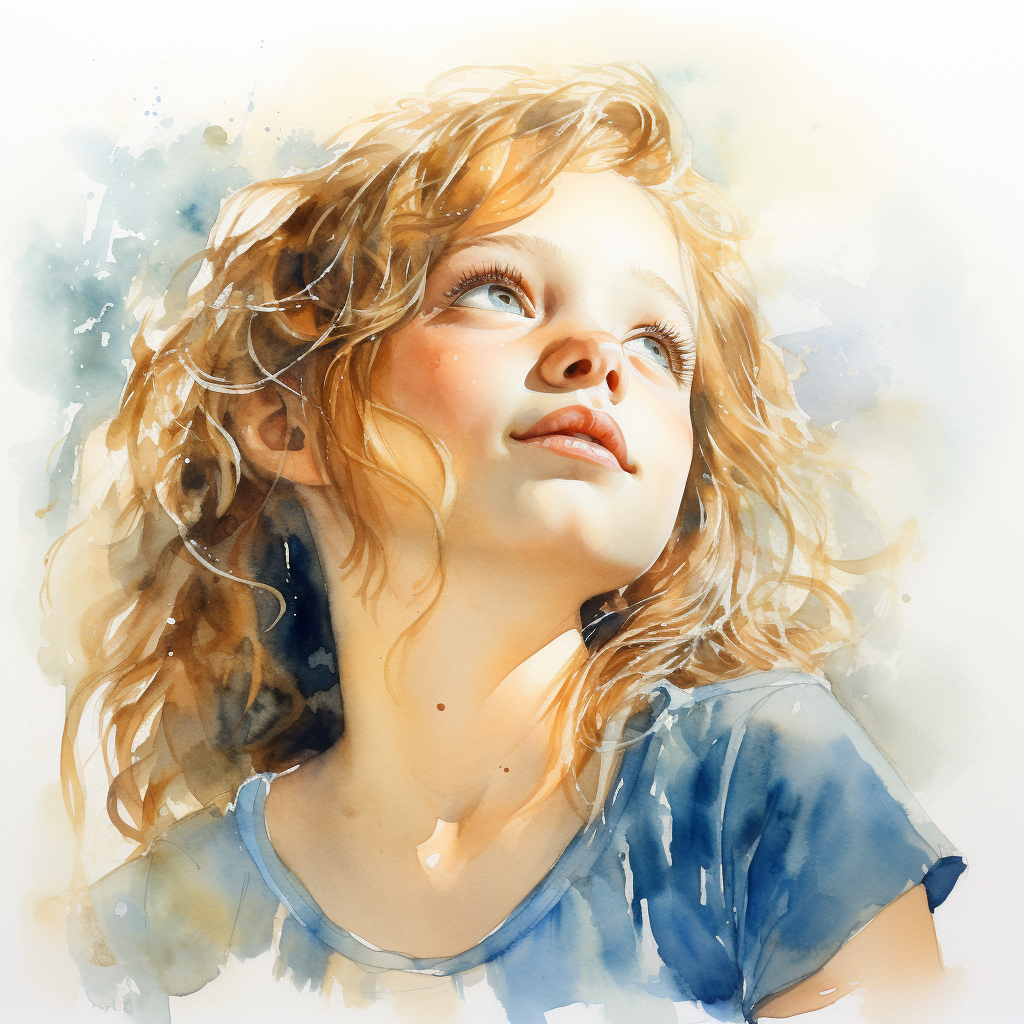 Watercolor portrait of daydreaming girl