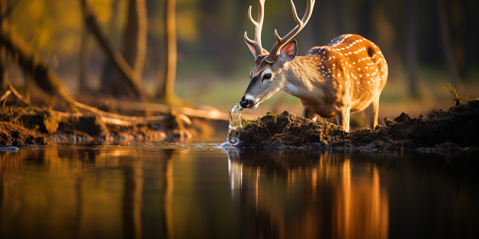 Deer drinking water with reflection in serene nature