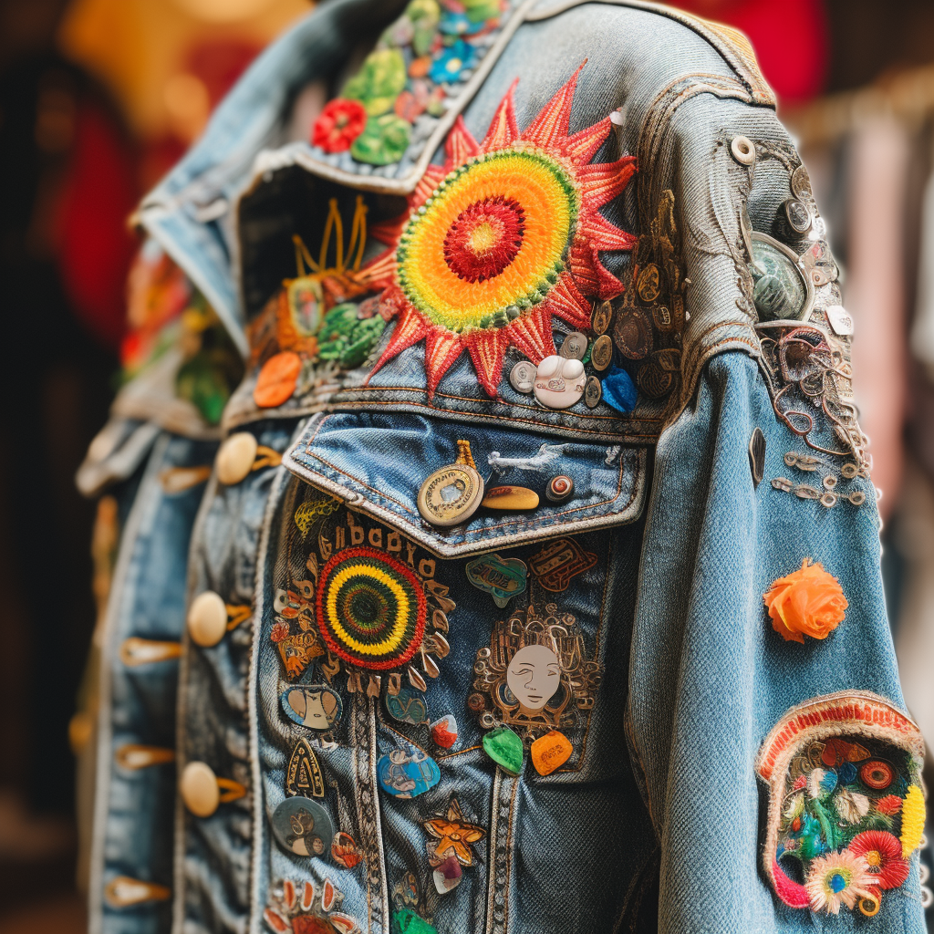 Denim jacket with hippie pins