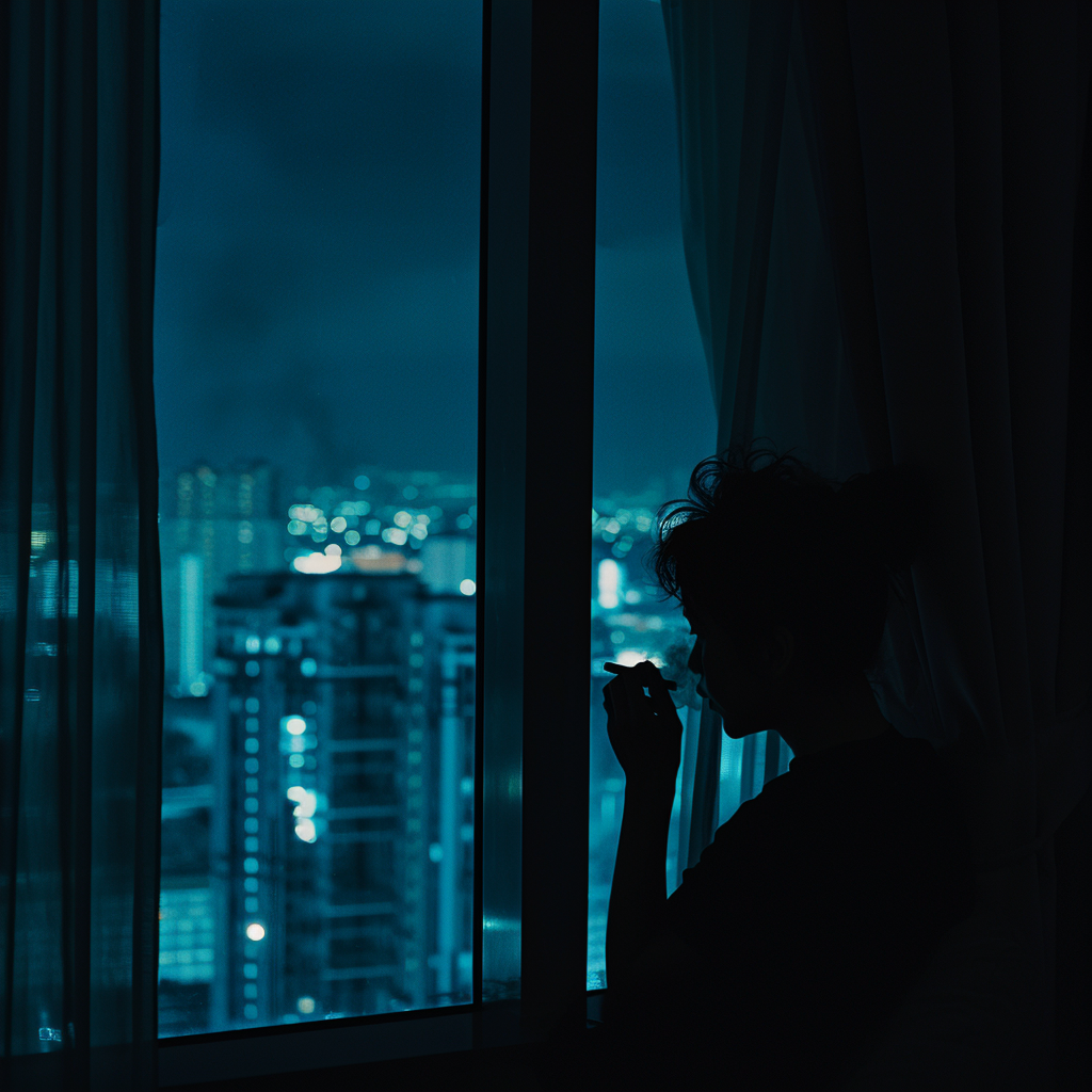 Depressed woman smoking behind curtain in building at night