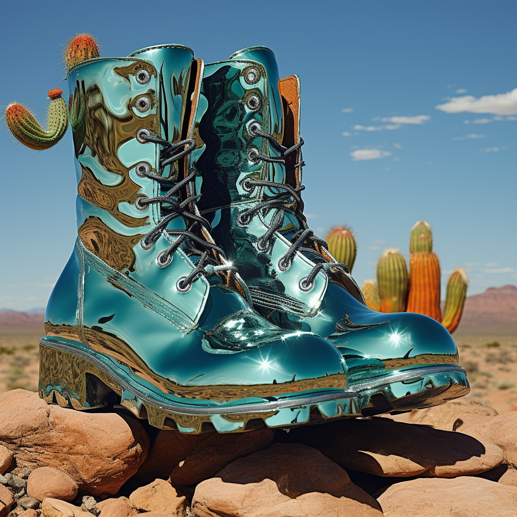 Shiny steel toed cowboy boots on desert rock