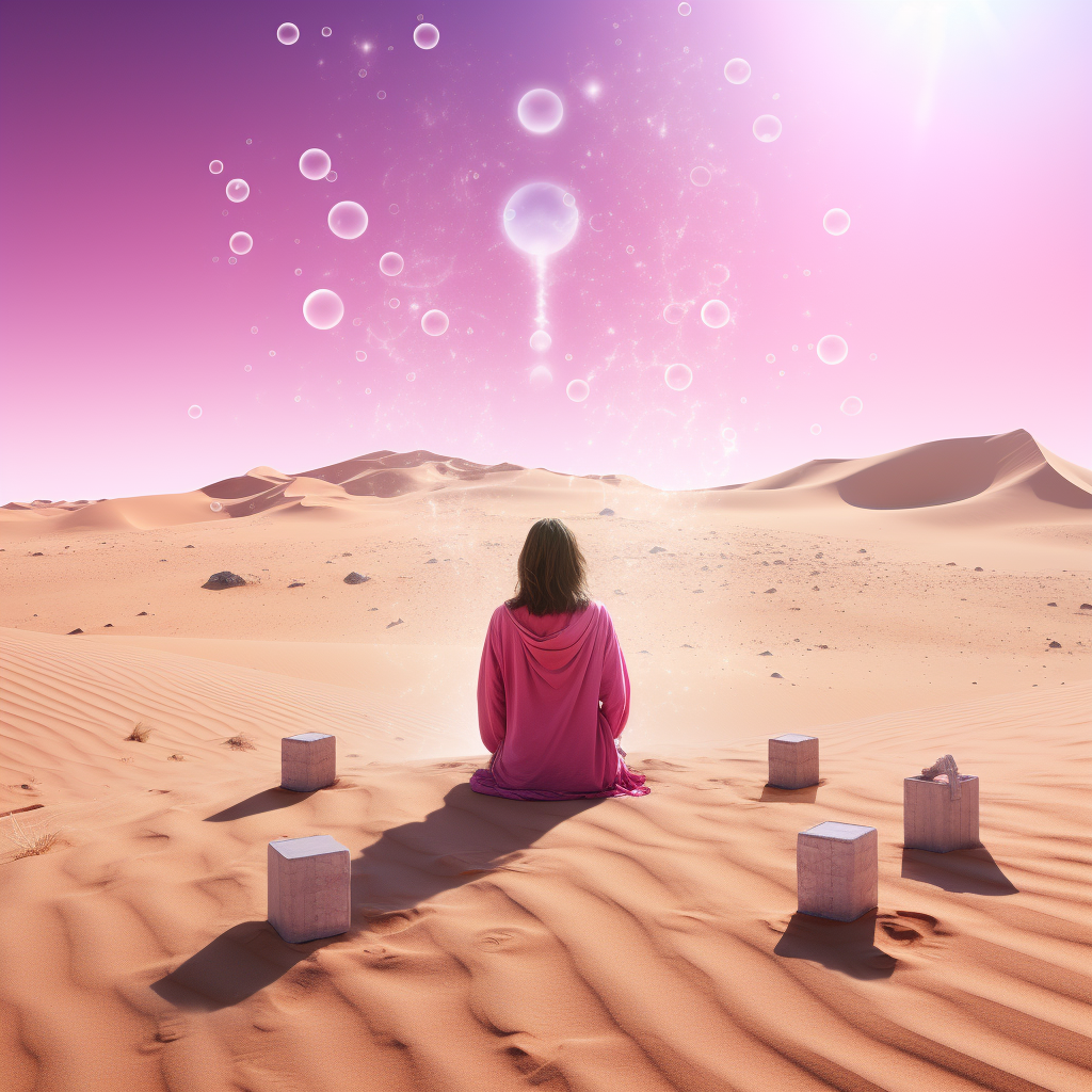 Woman in Pink Tunic kneeling in Desert