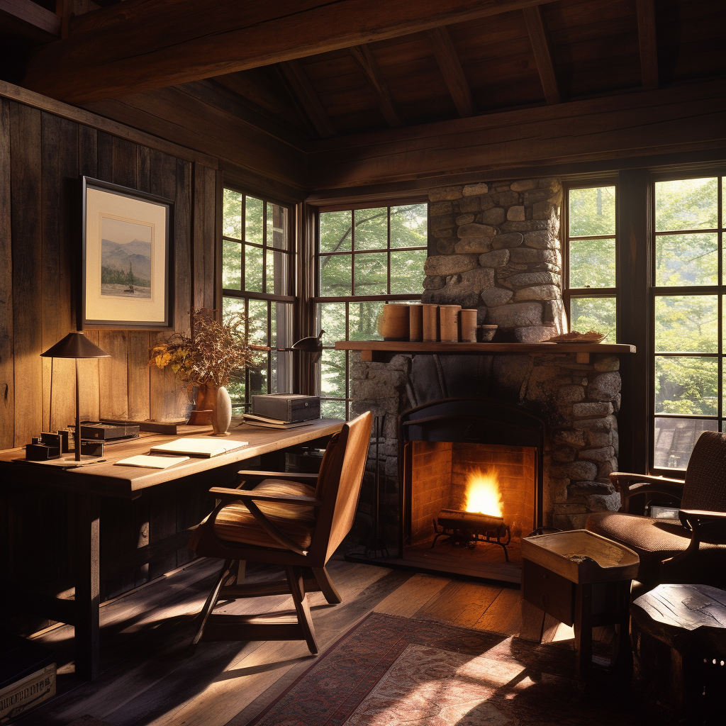 Desk area next to fireplace in cabin