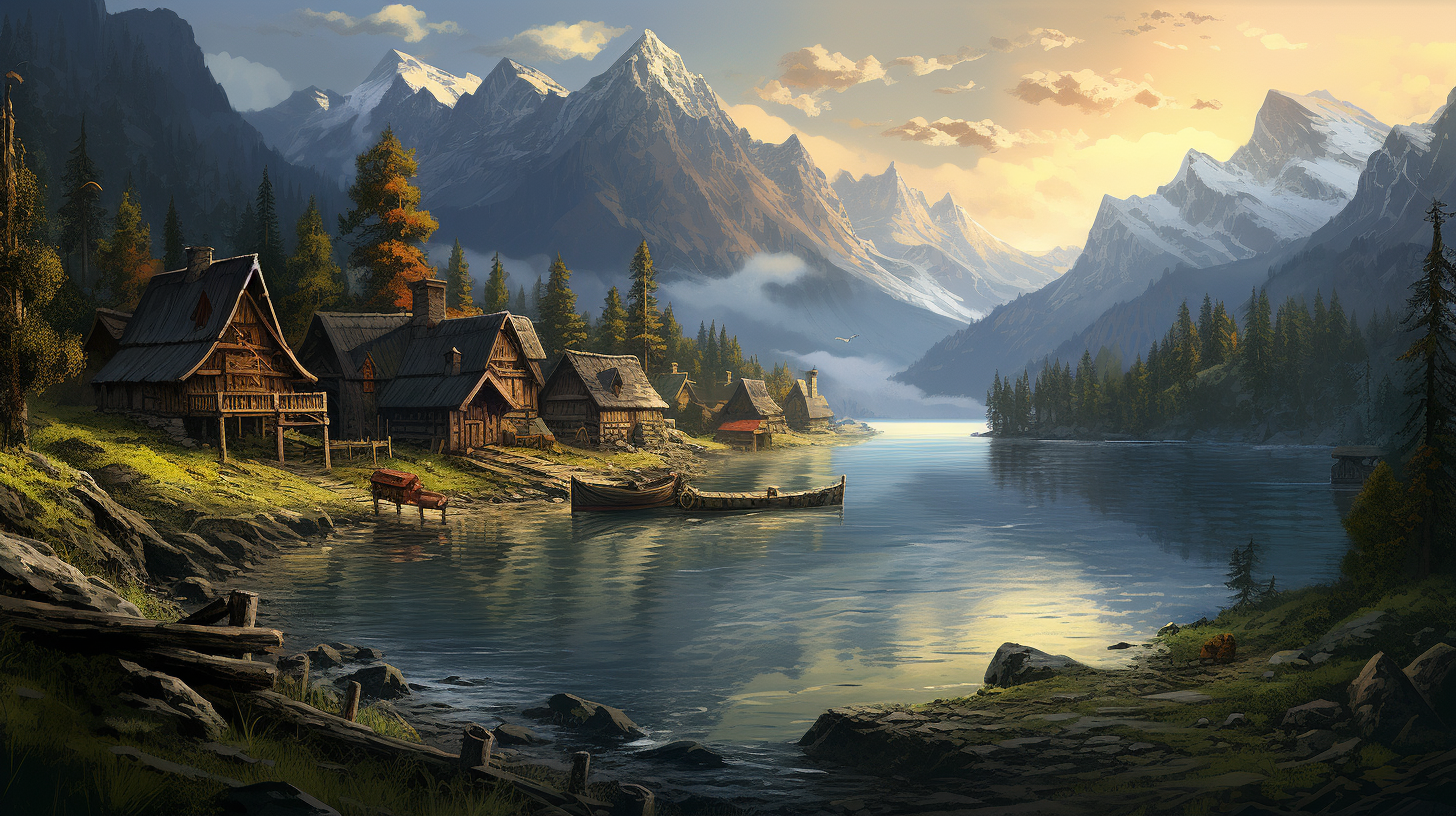 Desolated landscape with mountains, lakes, forests, and huts