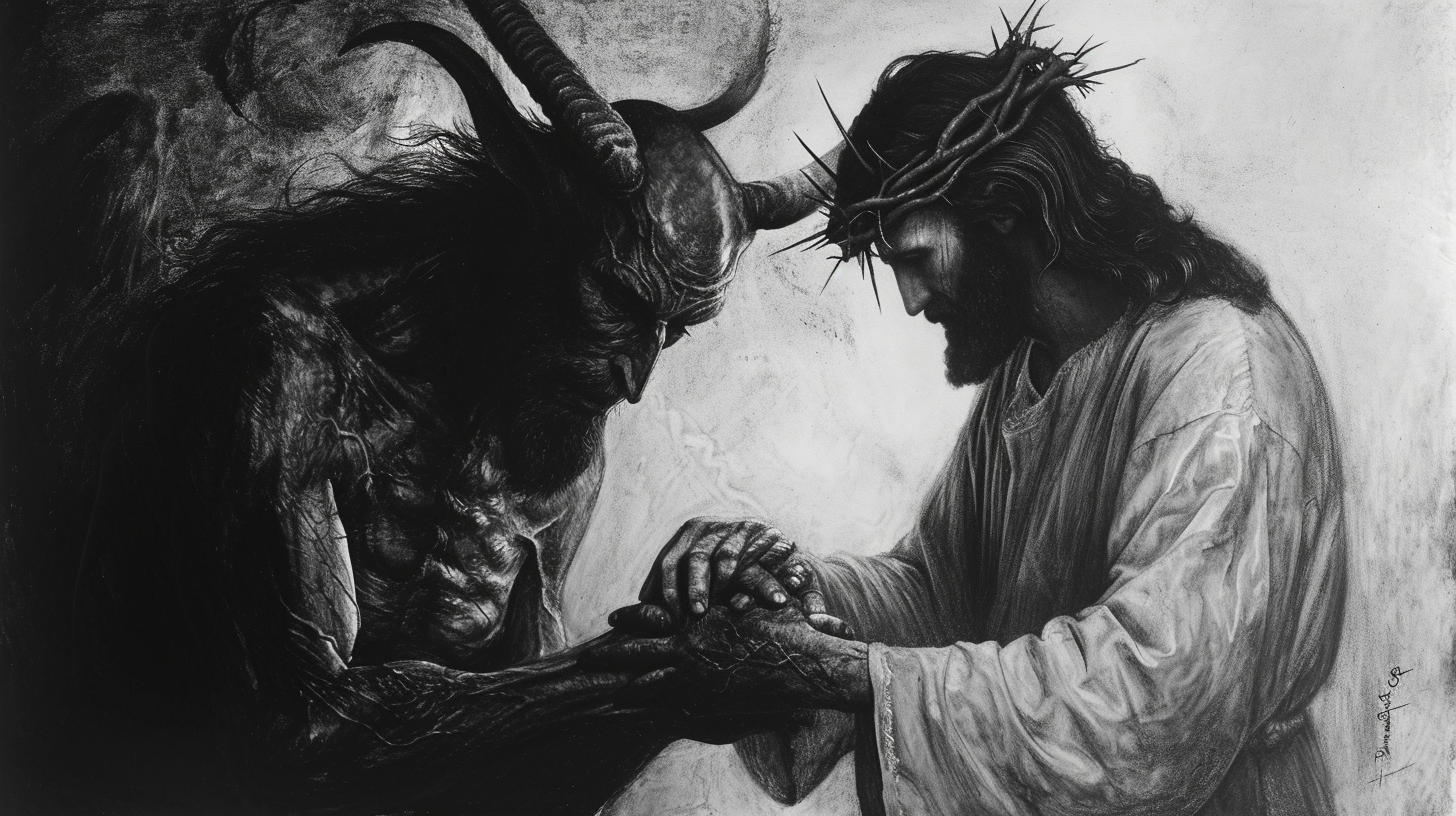 Devil and Jesus holding hands