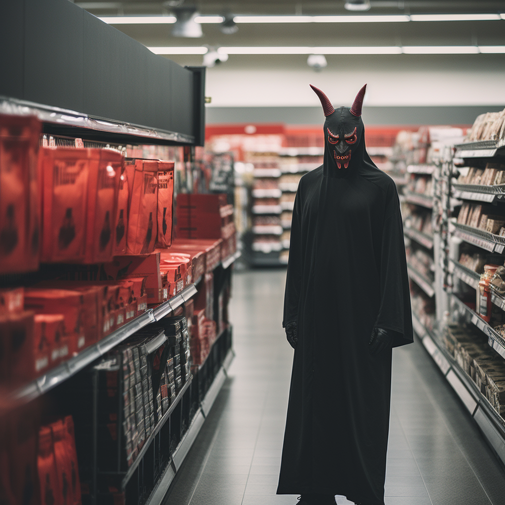 Devil in Grocery Store wearing boxy Black T-shirt