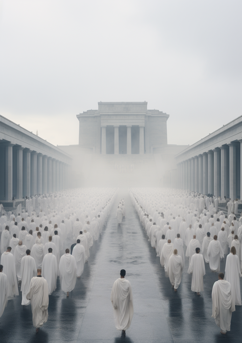 Devotees marching in ivory robe at weird-looking Greek temple