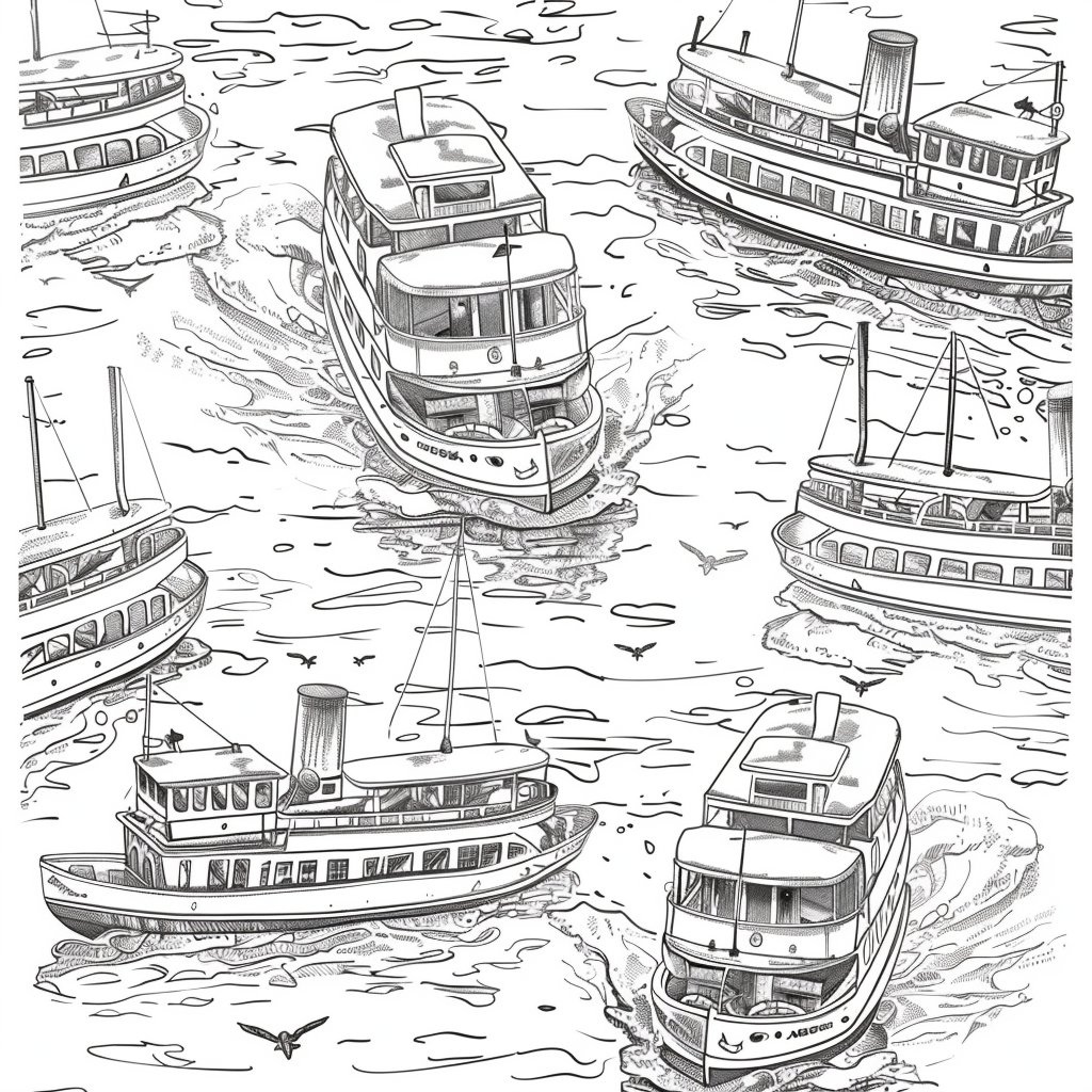 Black and white ferry boats