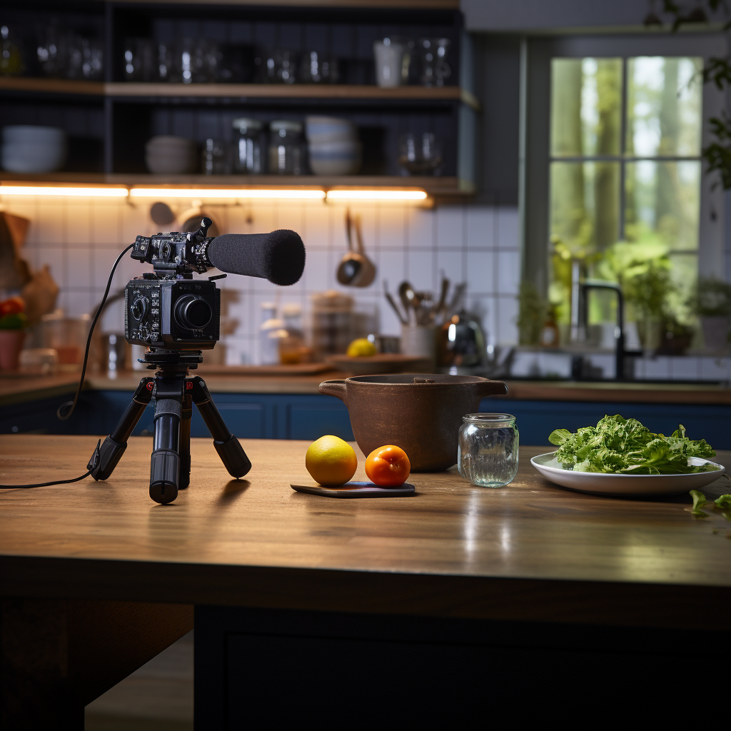 Empty product placement in dimmed lit kitchen