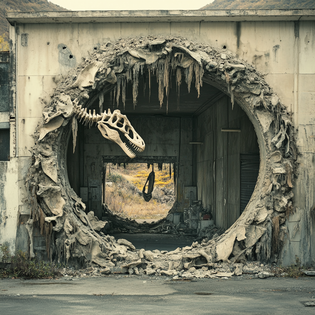 dinosaur bones cover garage, dodo skeleton outside, bomb damage