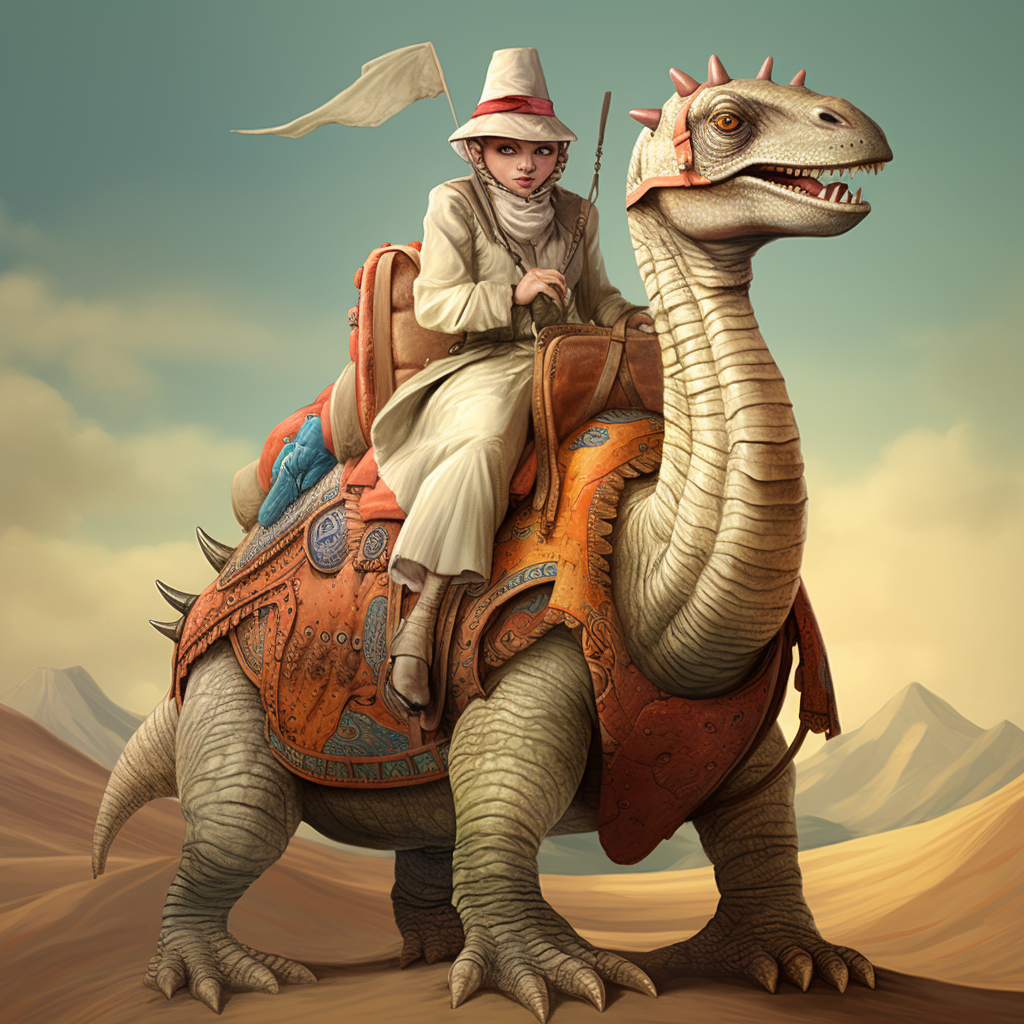 Dinosaur sitting on camel saddle