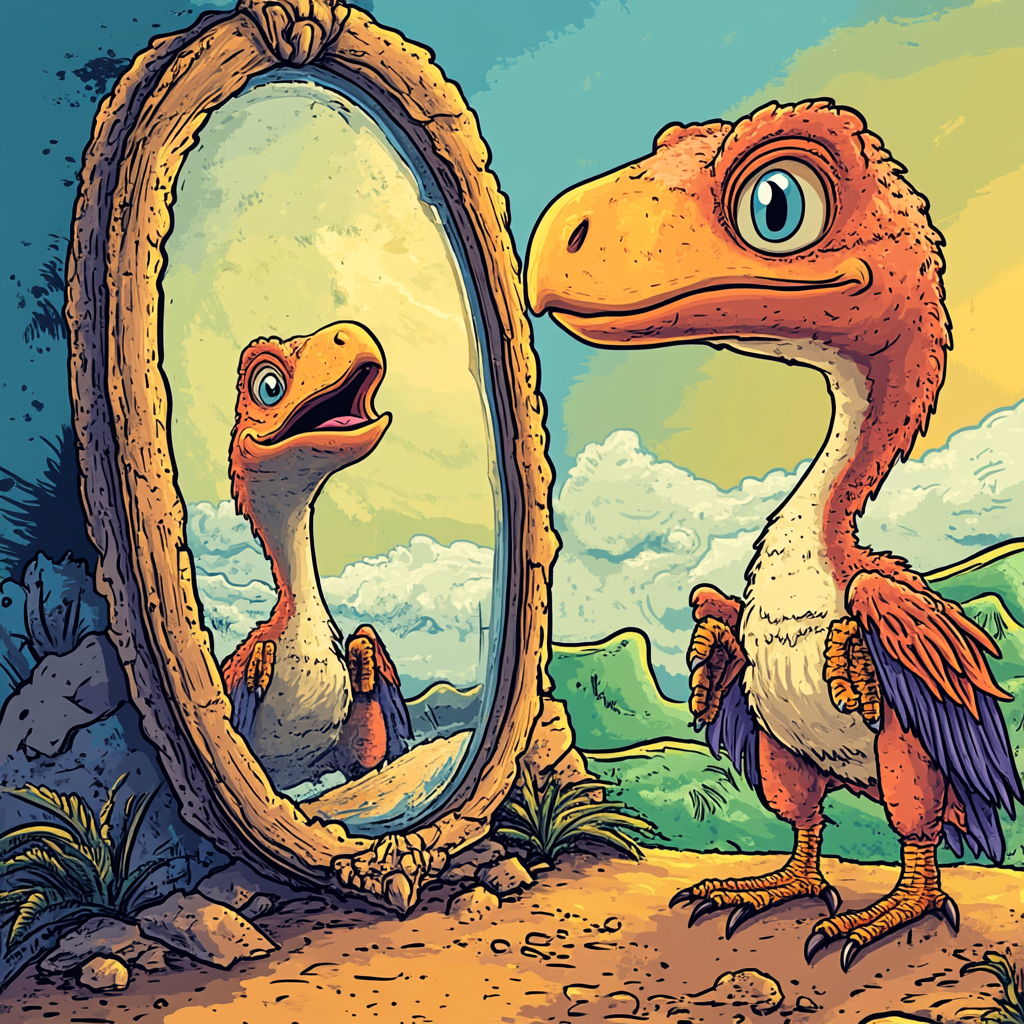 Dinosaur surprised looking into mirror