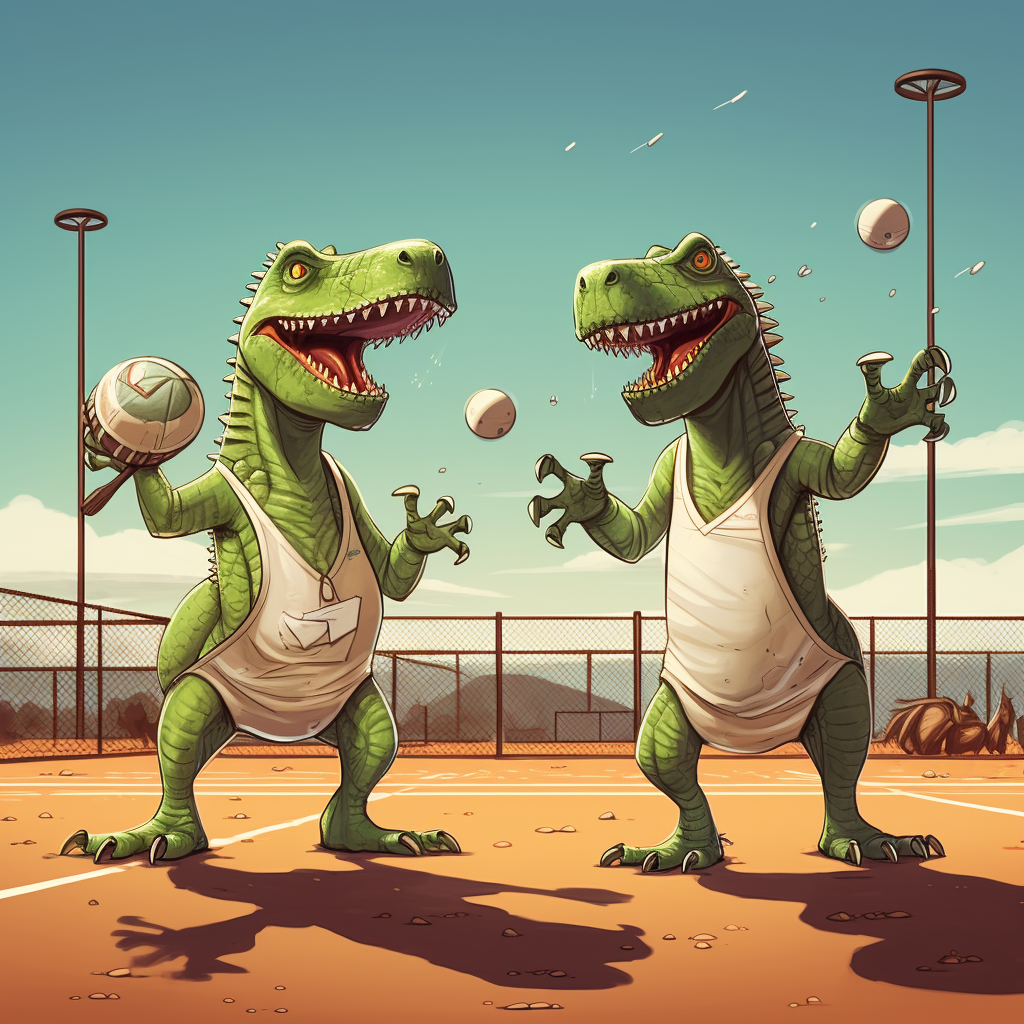 Dinosaurs playing pickle ball game