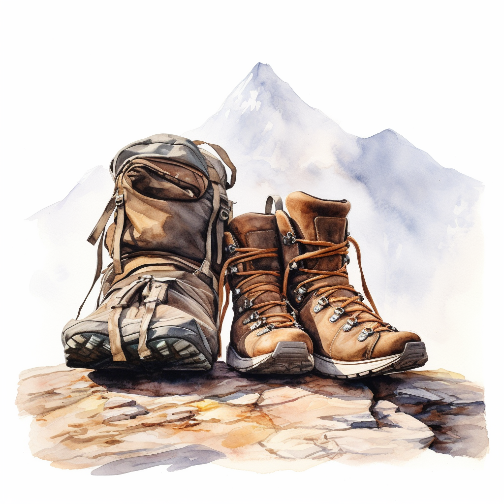 Two pairs of dirty hiking shoes and haversack in front of mountains