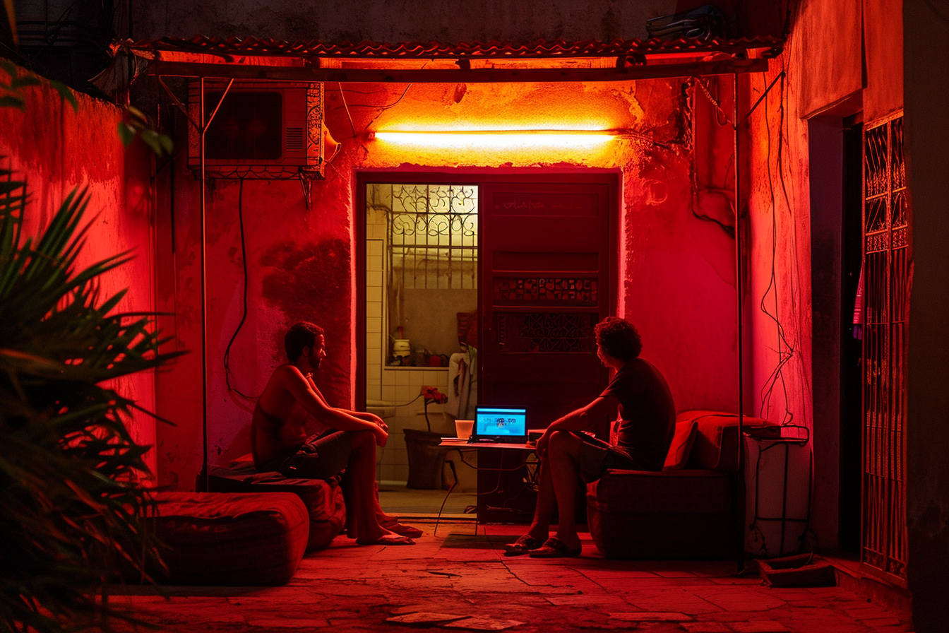 Two European Men Laughing and Talking on Red Moroccan Cushions