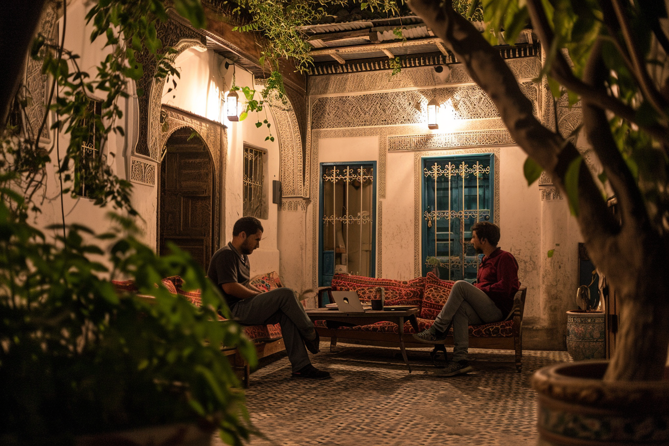 Two men discussing on red Moroccan cushions