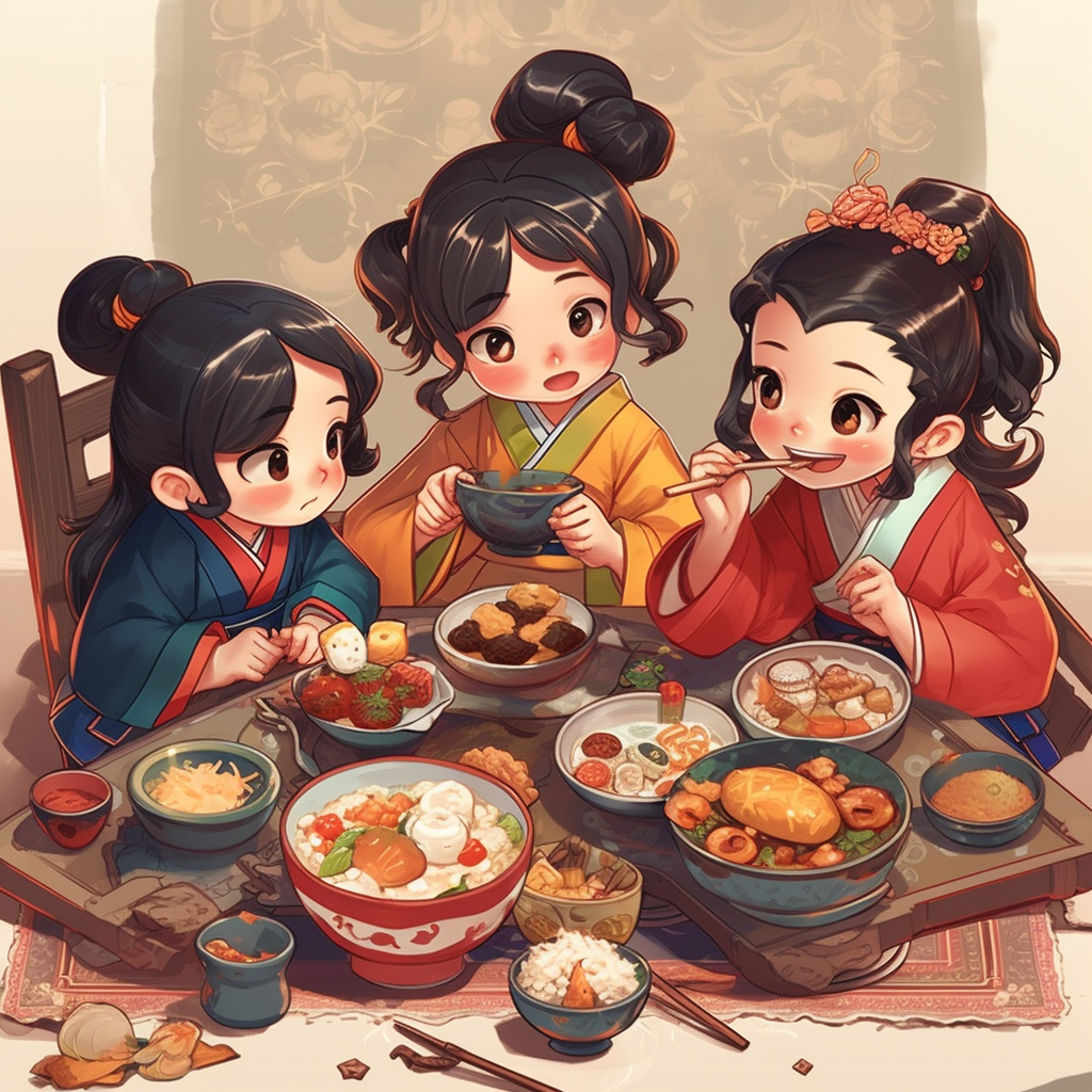 Disney characters in hanbok enjoying udon