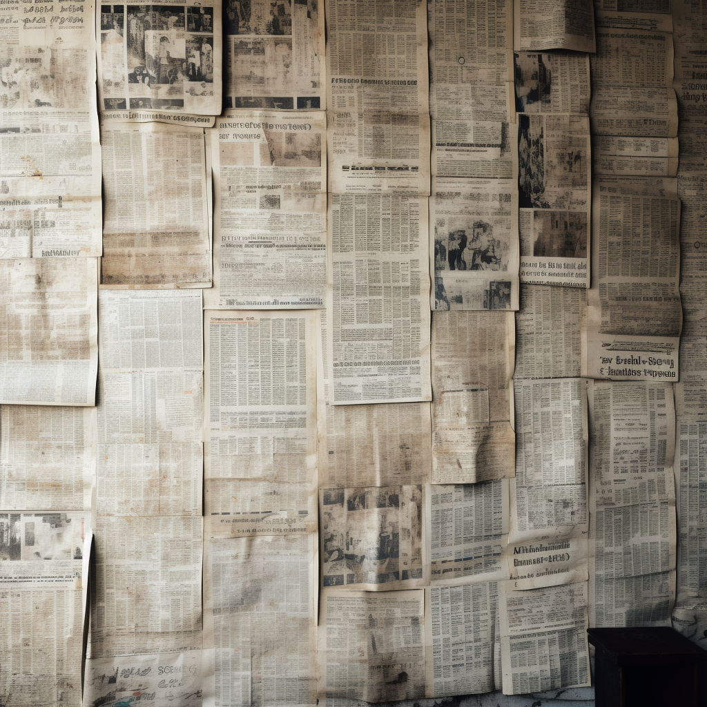 Distressed wall covered with newspaper pages