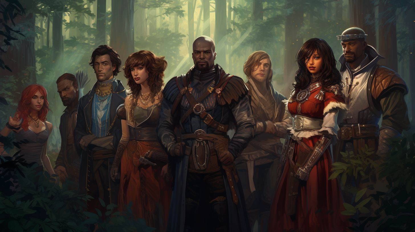 Diverse D&D adventuring party in dark forest