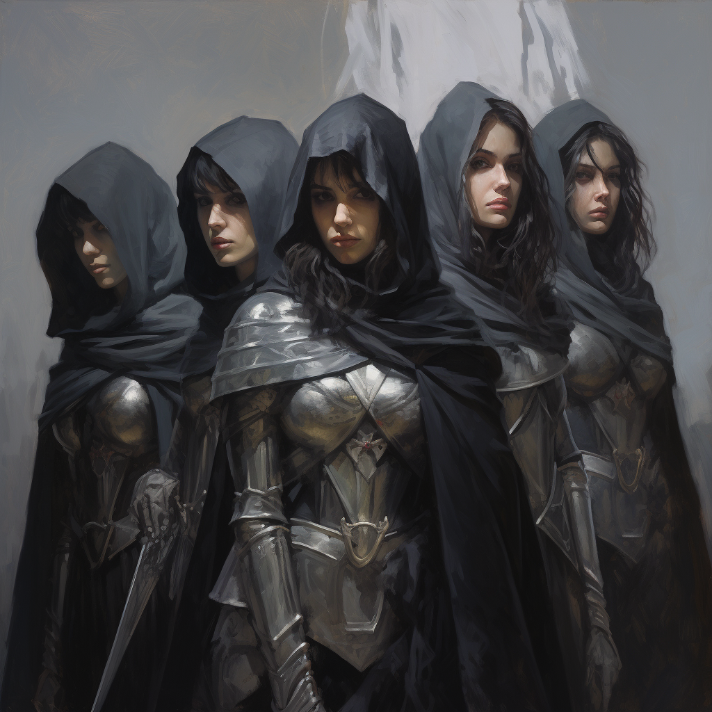 Diverse group of female knights in dark gray cloaks