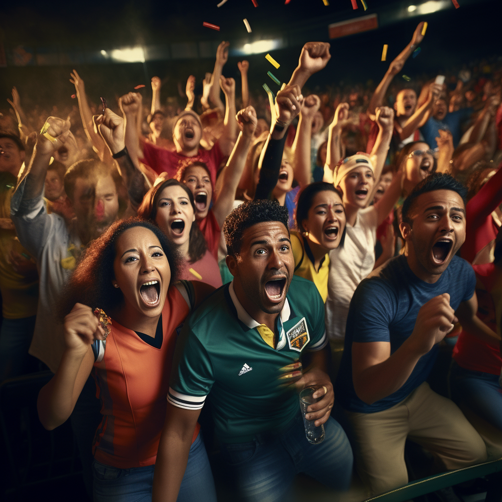 Diverse fans celebrating thrilling soccer match