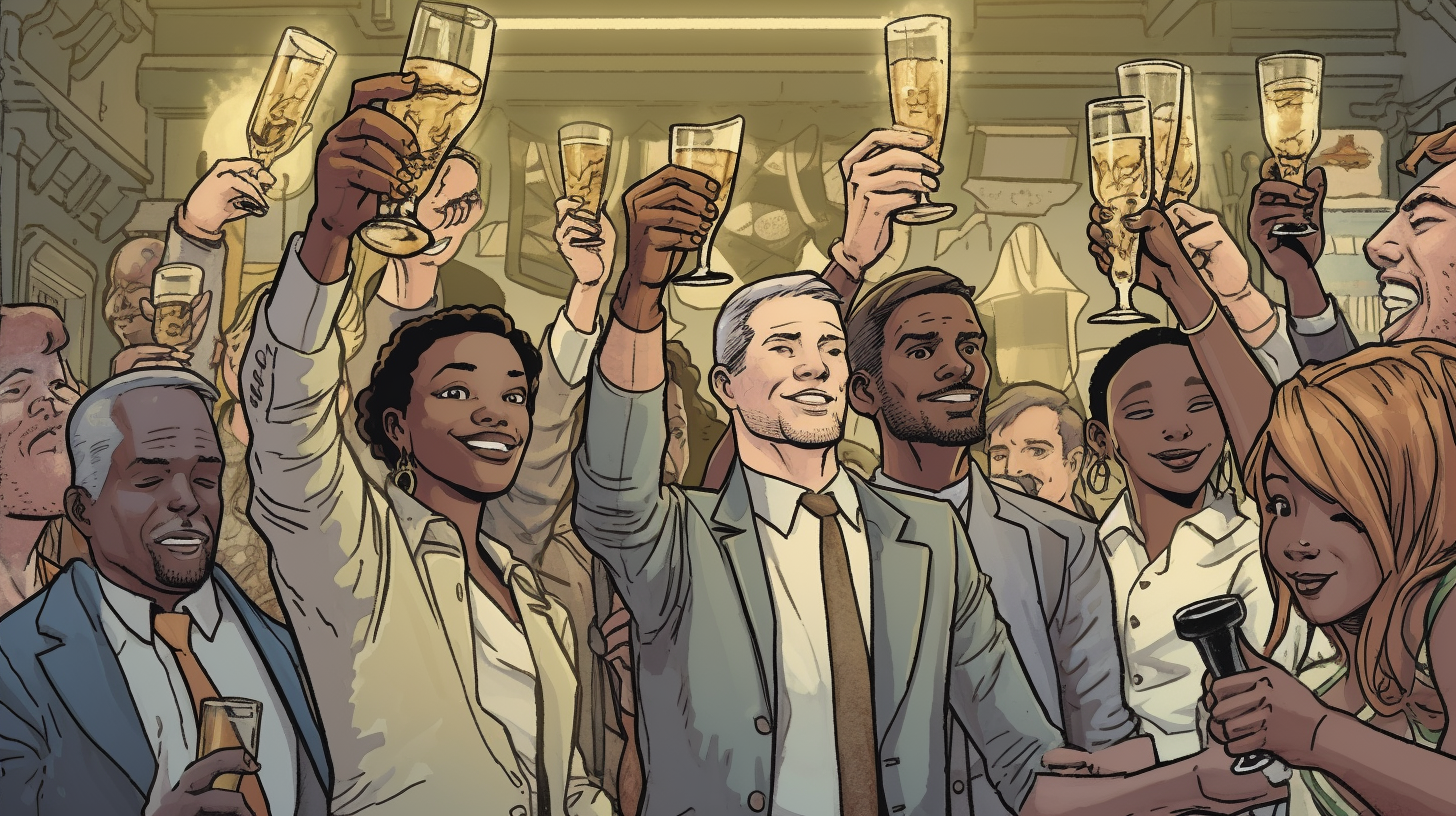 Diverse group toasting at event in comic-style illustration