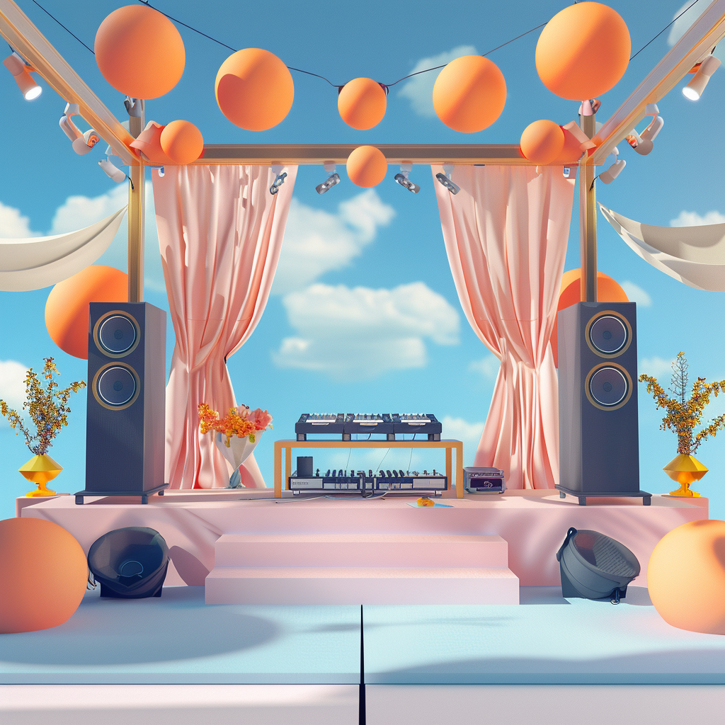 DJ stage with speakers and decorations