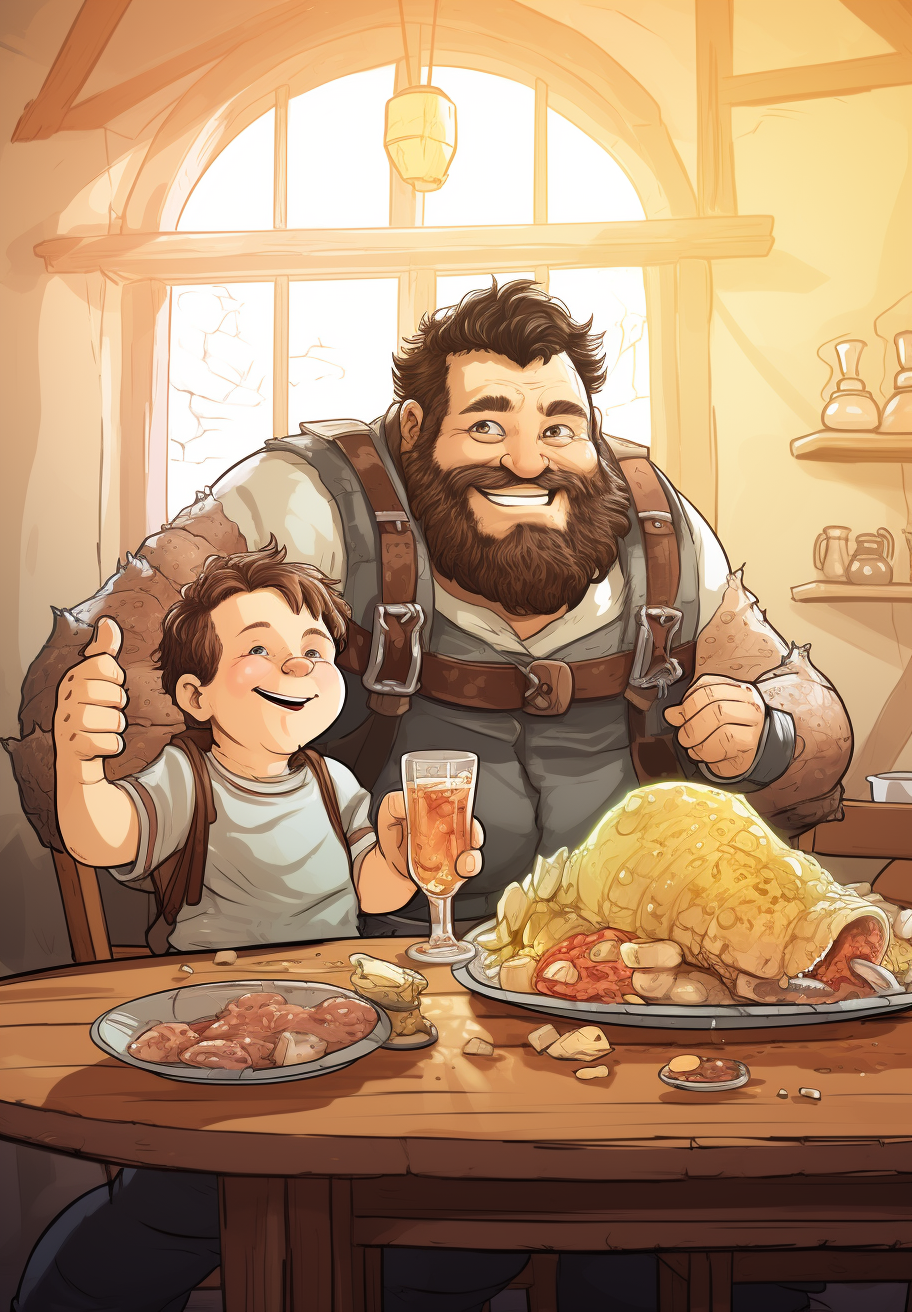 Cartoon-style DnD Storm Giant eating with small kid