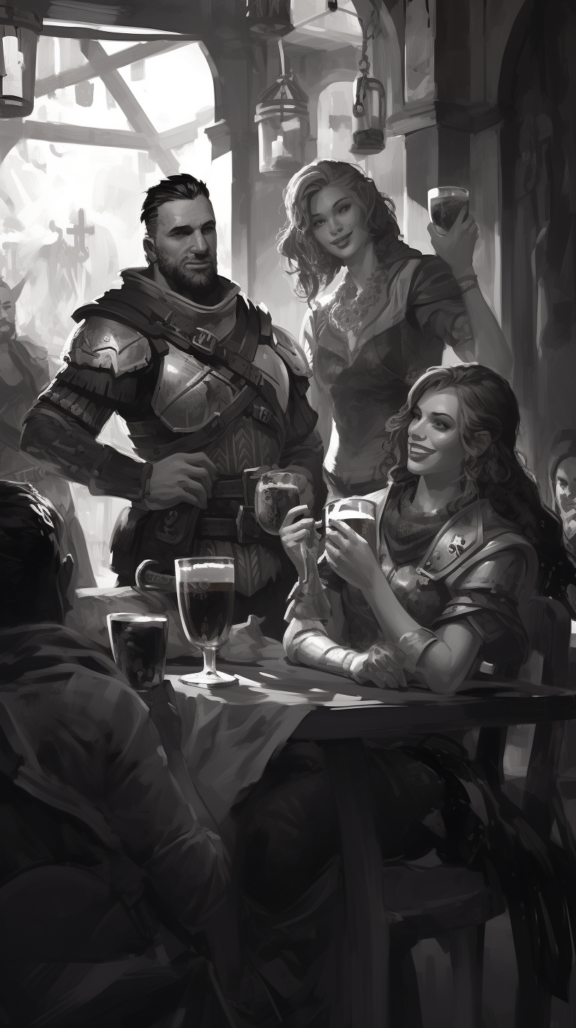 Fantastical black and white DND humanoid characters enjoying ale in a tavern