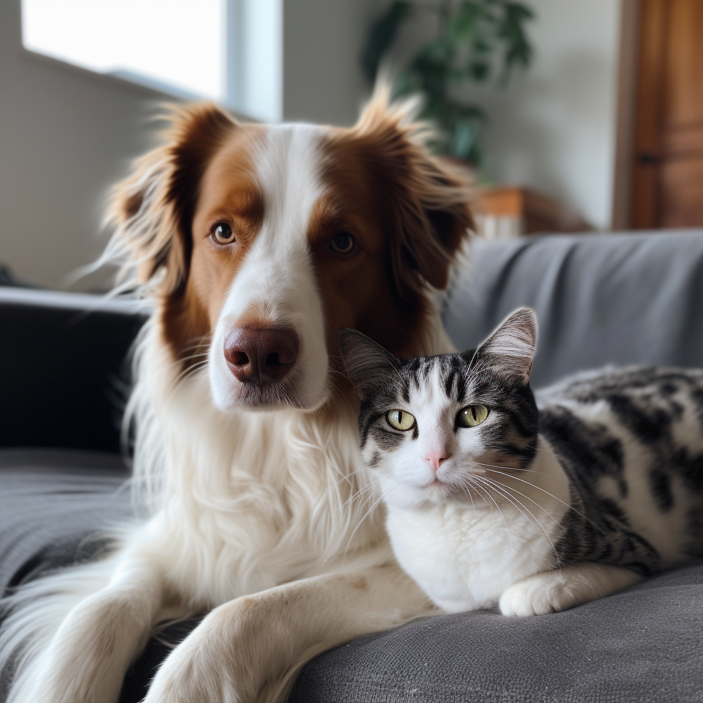 Adorable dog and cat playing together