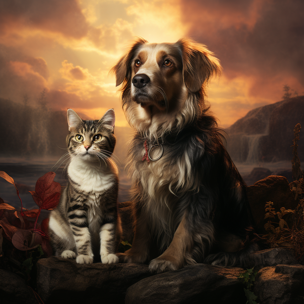 Renaissance-style portrait of a dog and cat