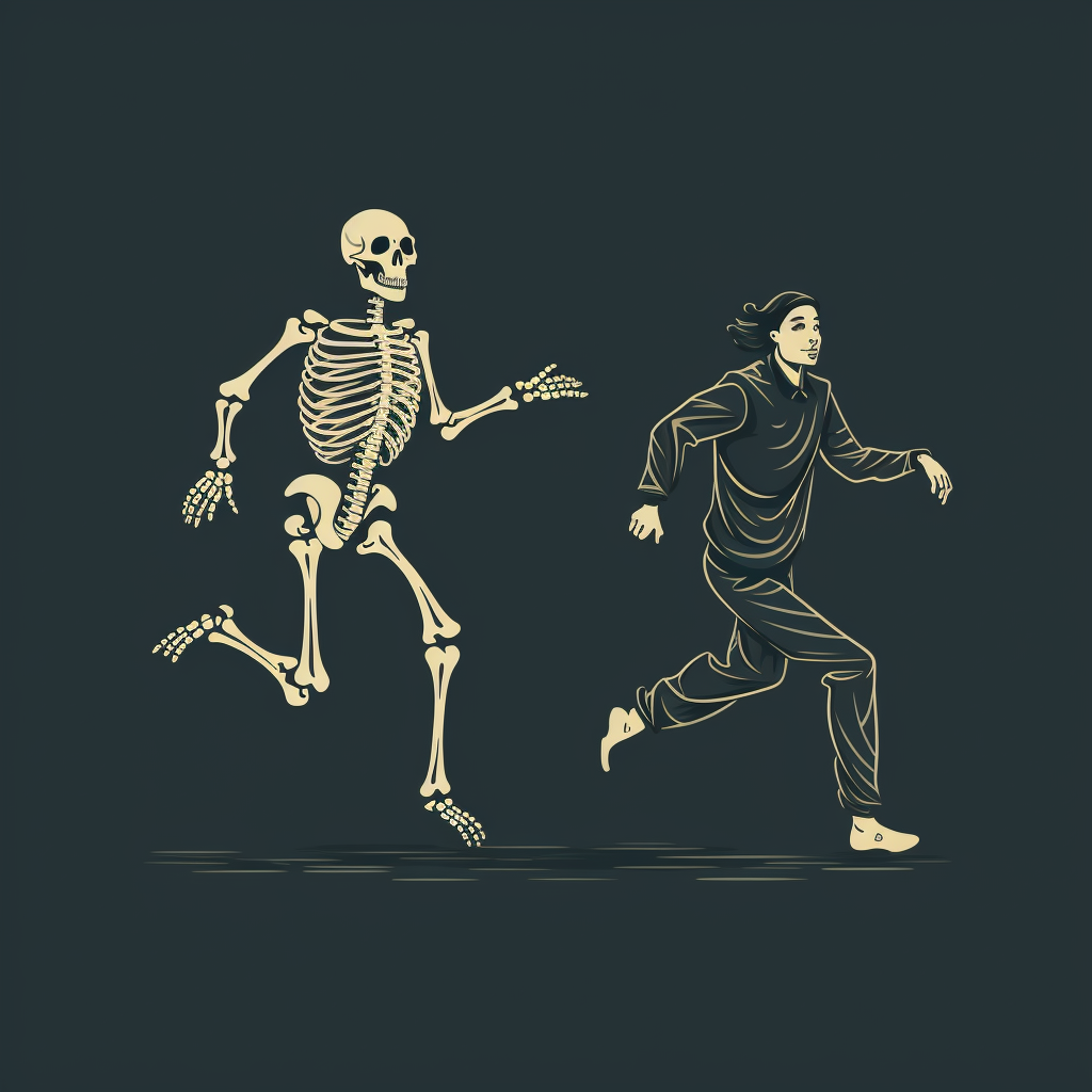 Dog chasing human skeleton illustration