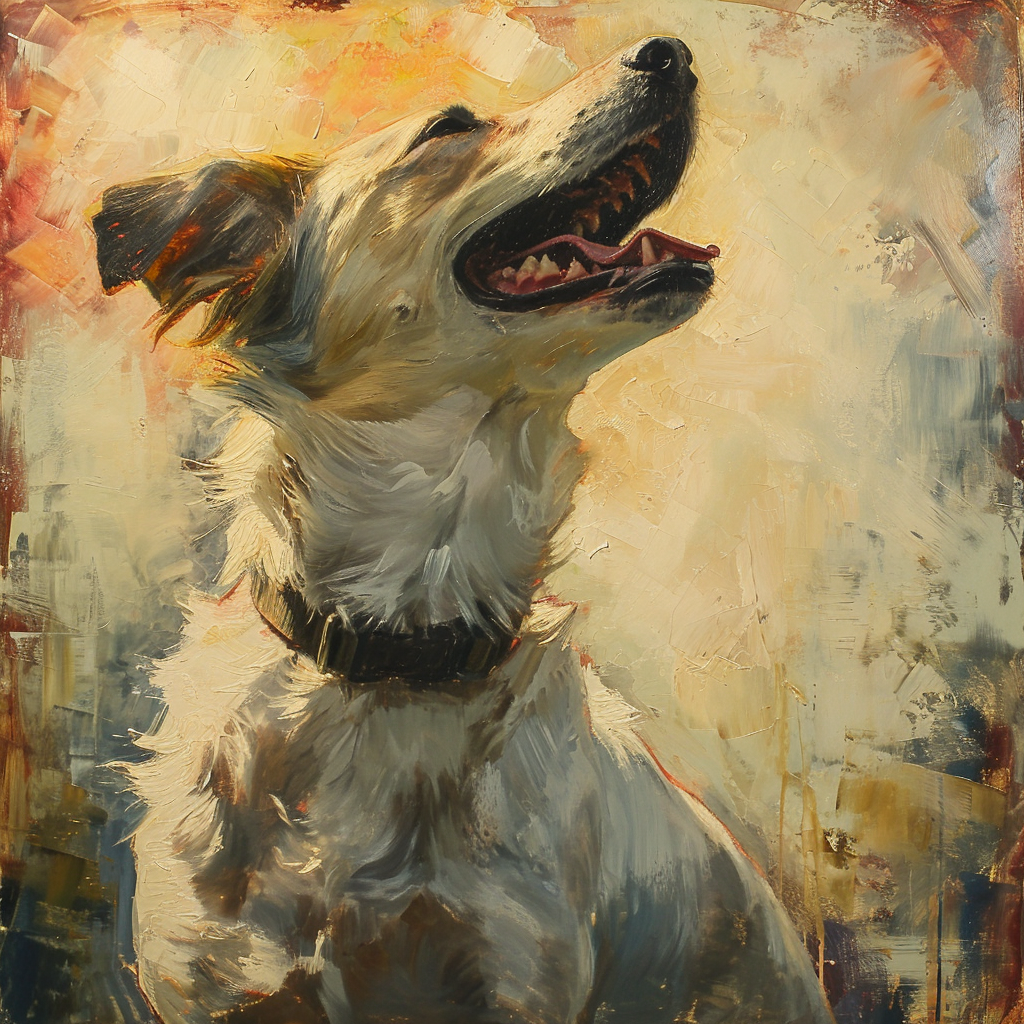 Dog in oil painting with sun