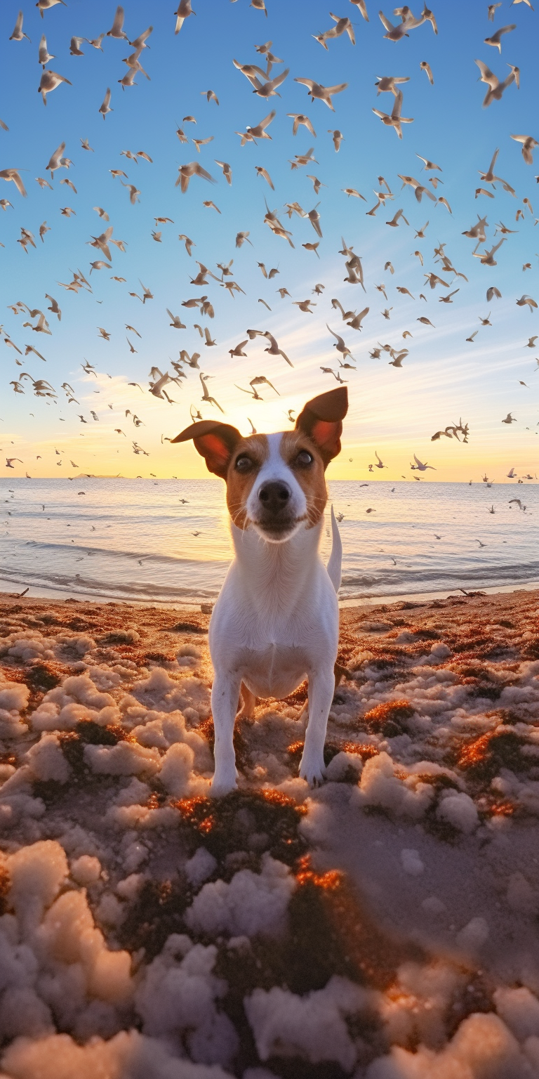 Little dog jumping to catch seagulls