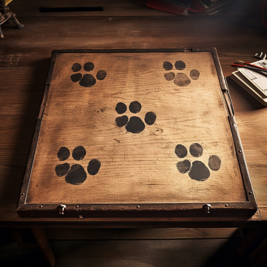 Dog paw prints on vintage desk